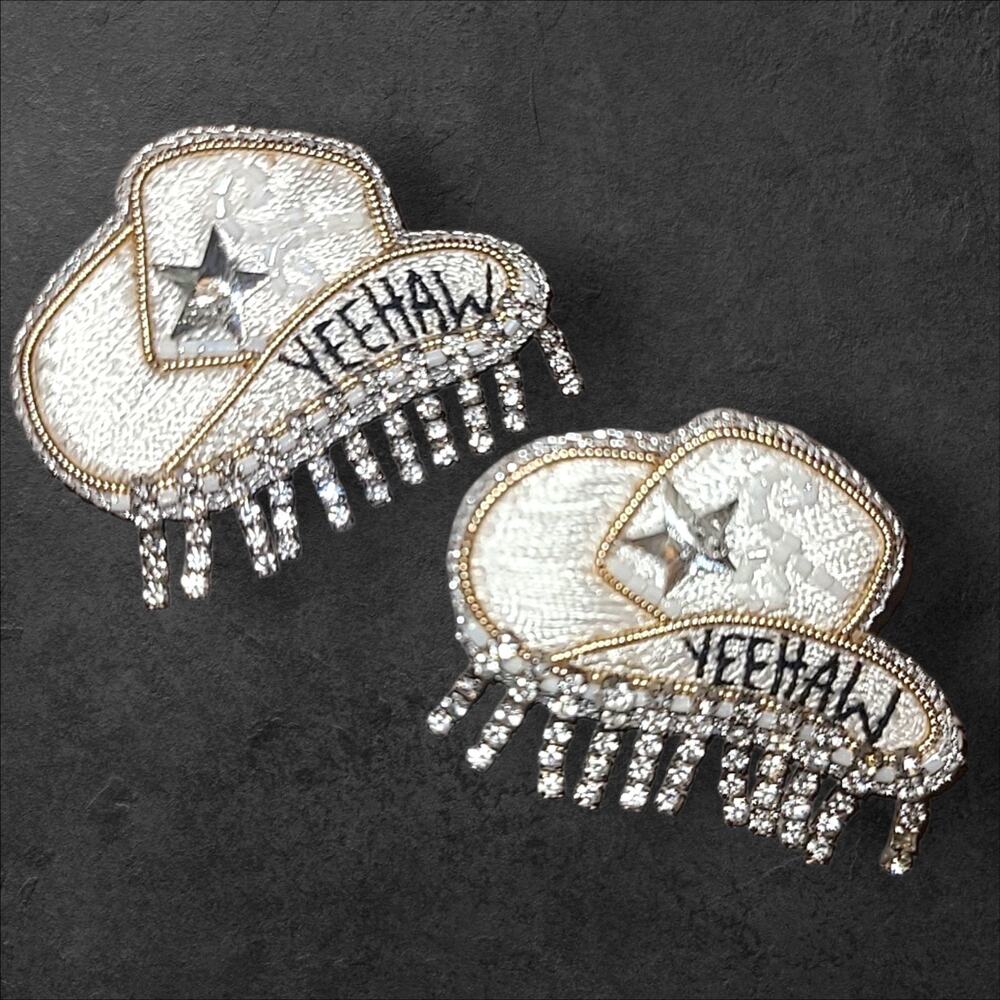 Embroidered Rhinestone Yeehaw White Cowgirl Hat Statement Earrings By Dos Femmes